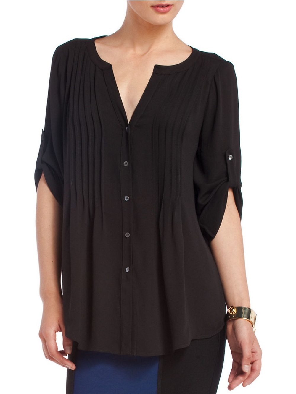 BCBGMaxAzria Twiggy Black Pintuck Button-Front Blouse S NWOT